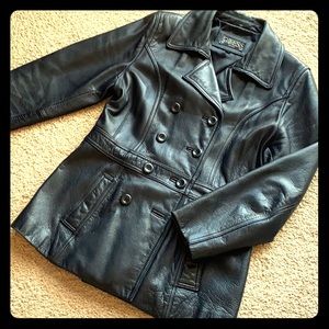 Guess Black Leather Jacket Peacoat Double Breasr